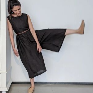 Paeony Sleeveless Linen Jumpsuit in Black | Medium